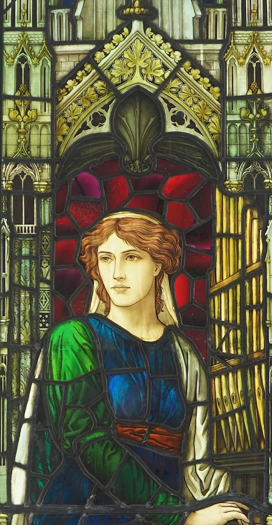 Attributed to Henry Holiday (1839-1927) for James Powell & Son: A stained and painted glass panel depicting St Cecilia